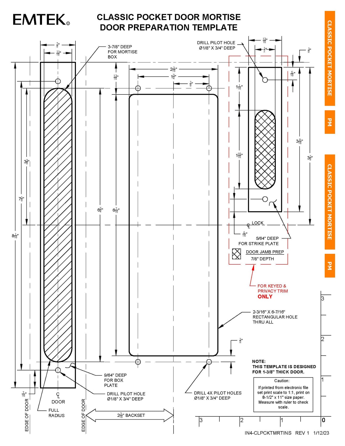 Emtek Classic Pocket Door Mortise Lock (2-3/16"x6-7/16")